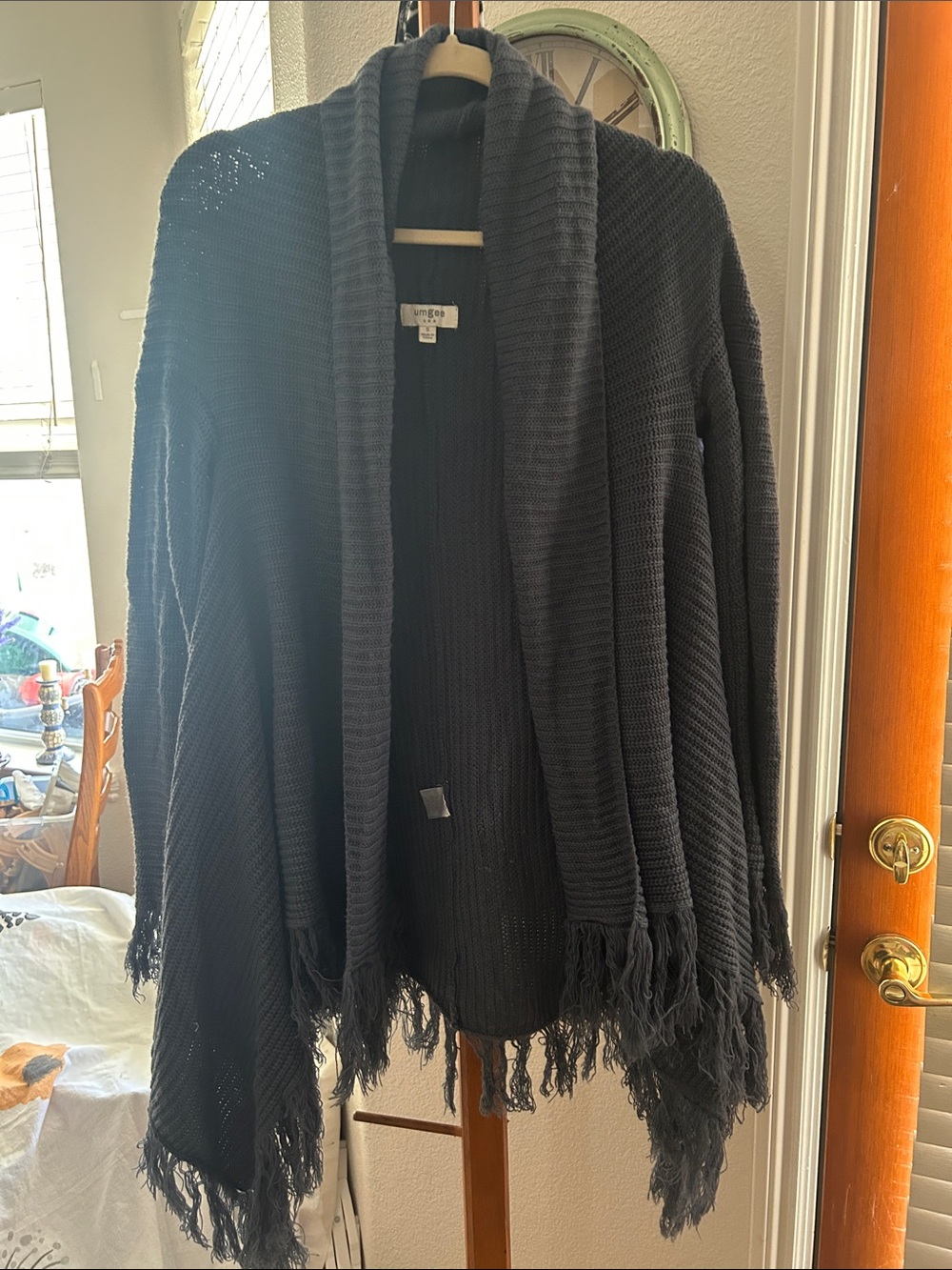 Umgee Charcoal Black Knit Fringe Open-Front Shawl Poncho